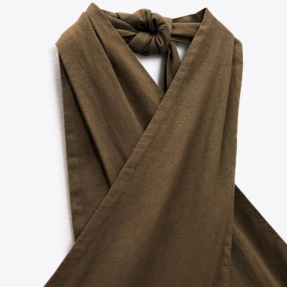 NWT // Zara Linen Blend Midi Halter Dress - Khaki Green - Picture 7 of 7